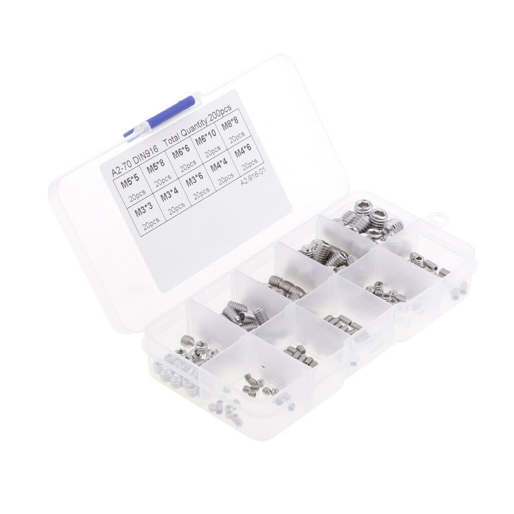 200pcs Headless Screw Hex Socket Assortment Kit M3-m8