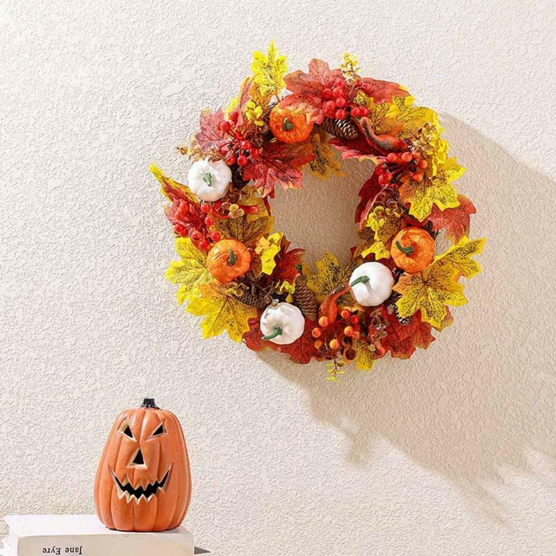 15in Autumn Wreath Fall Wreath Artificial Thanksgiving Garland with Maple Leaf