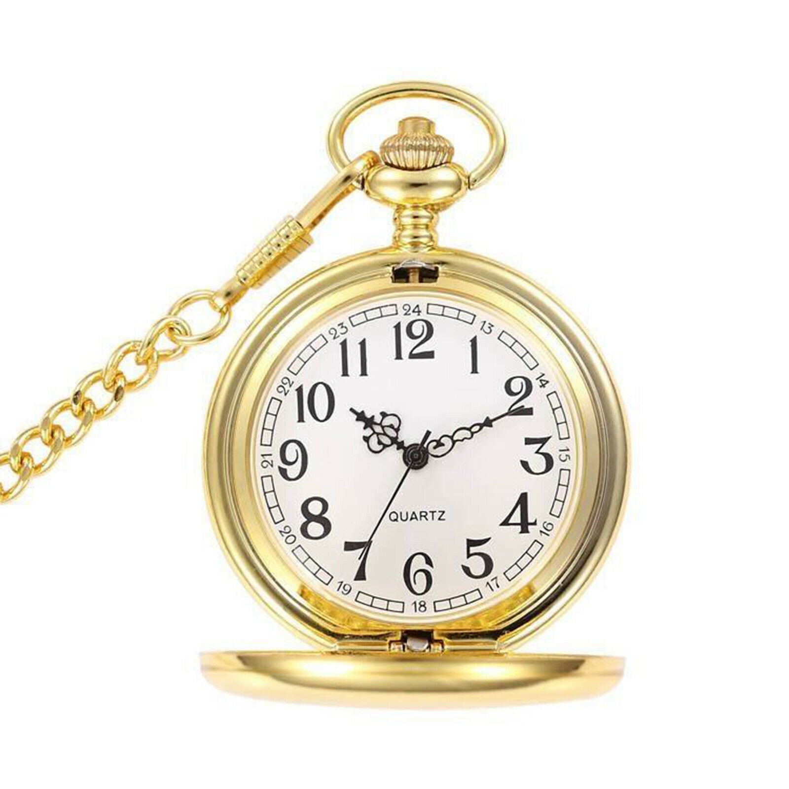 Polished Full  Quartz Pocket Watch, Dual Case, 14" Length Chain, Men's Clothing