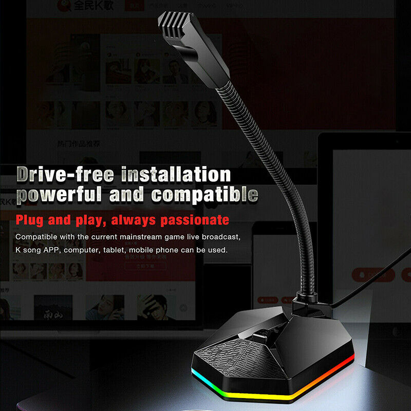 RGB Light USB Desktop Gaming Condenser Microphone Stand for PC Laptop