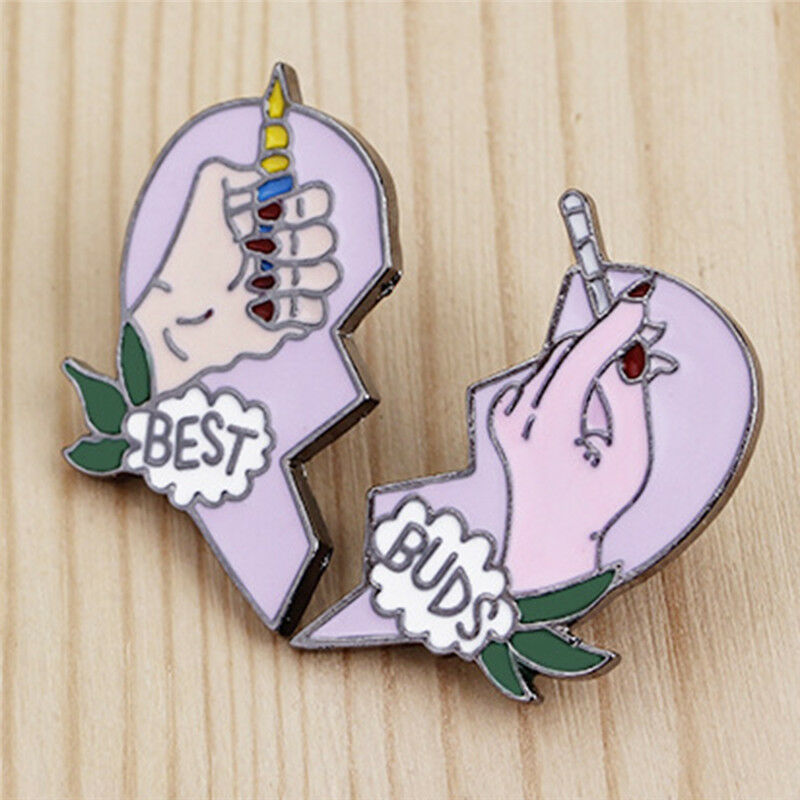 2Pcs/Set BEST BUDS Enamel Brooch Pins Friends Gift Badge Heart Pin JewelryM Qx