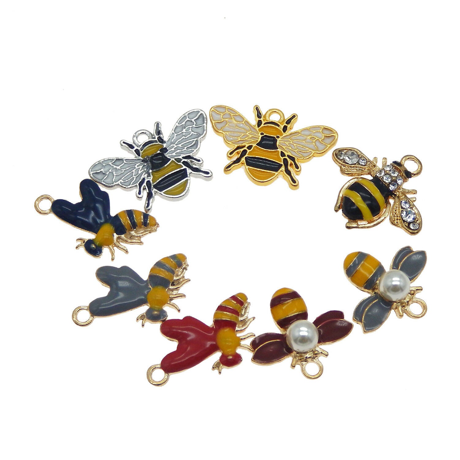 8 pcs Assorted Enamel Metal Alloy Honey Bee Charms Pendants Earrings Findings