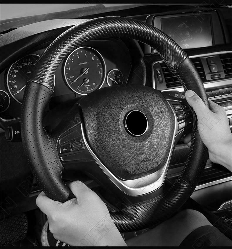 38CM Carbon Fiber & Leather Steering Wheel Cover Trim Hand Sewing DIY Universal