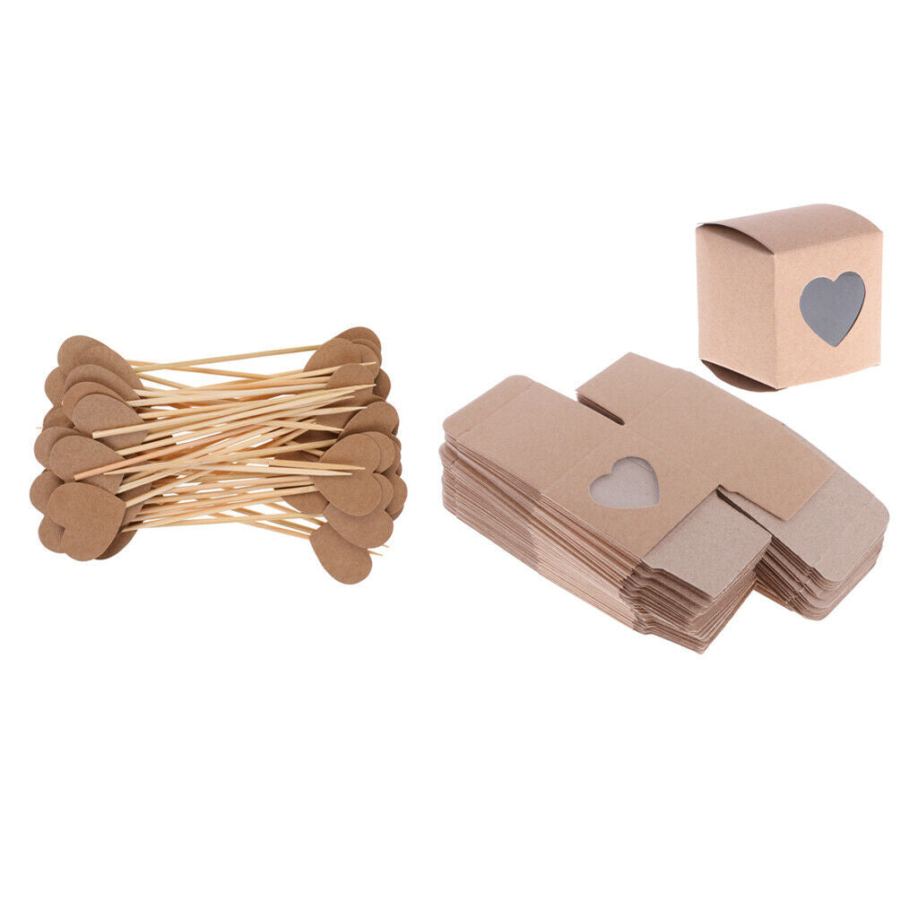 100pcs Wedding Party Kraft Brown Window Candy Gift Boxes Heart Cupcake Picks