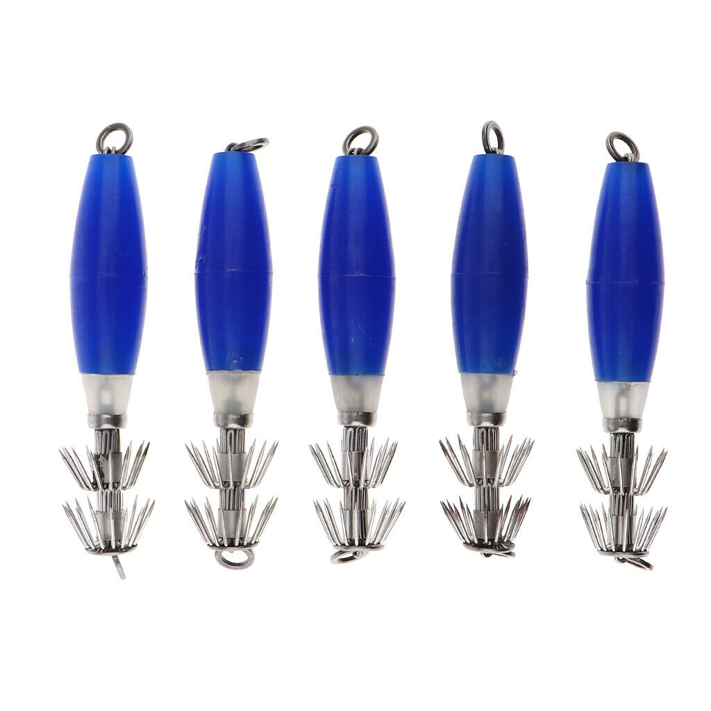 5pcs Luminous Blue Squid Jigs Glow in Dark Tackle Saltwater Fishing Lures