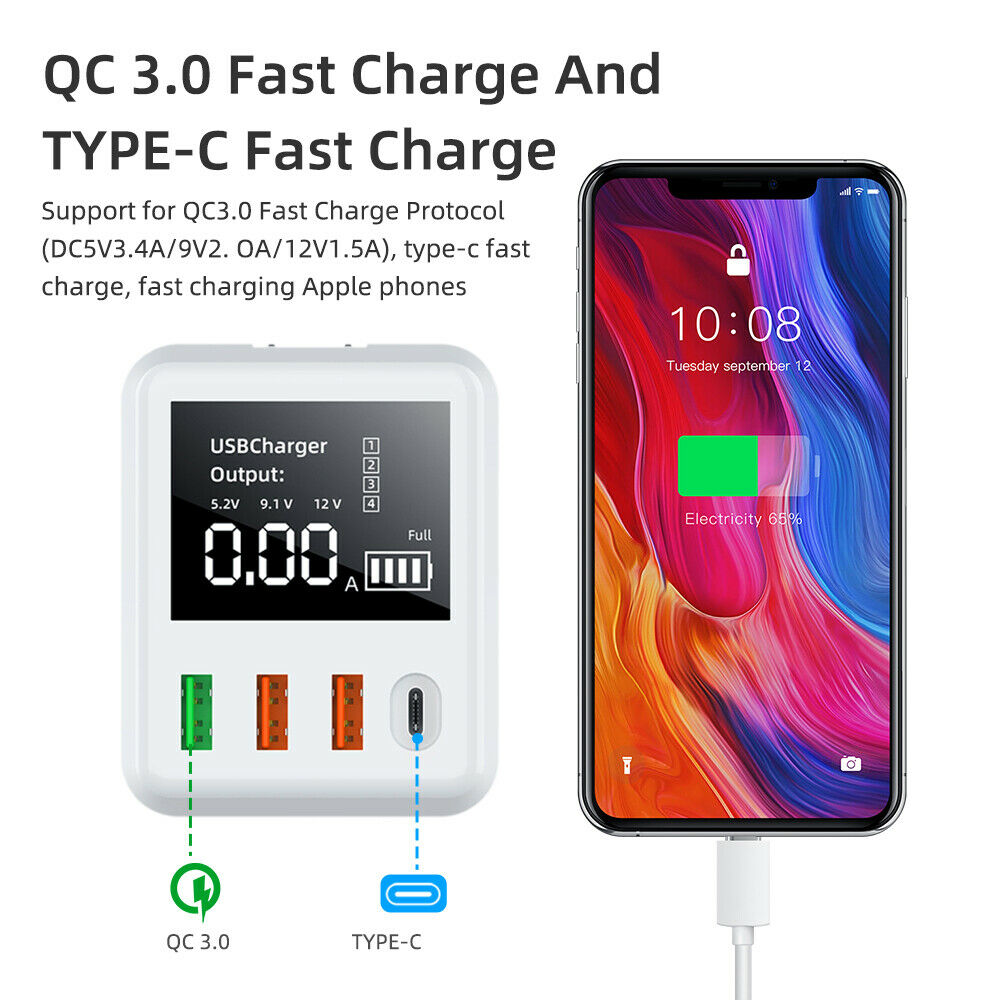 US Plug Fast Charging USB Charger 4 Ports Phone Charger LED Travel Wall Charger
