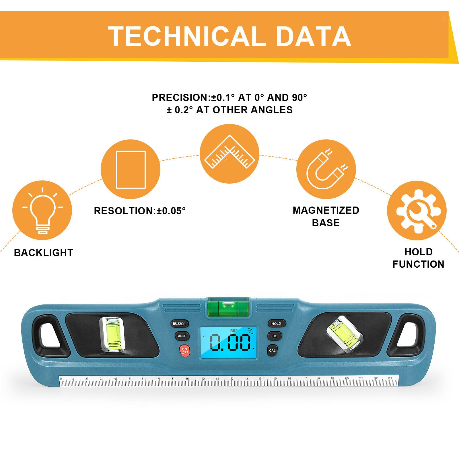 Long Electronic Level Inclinometer Vertical & Horizontal for Carpenter Blue
