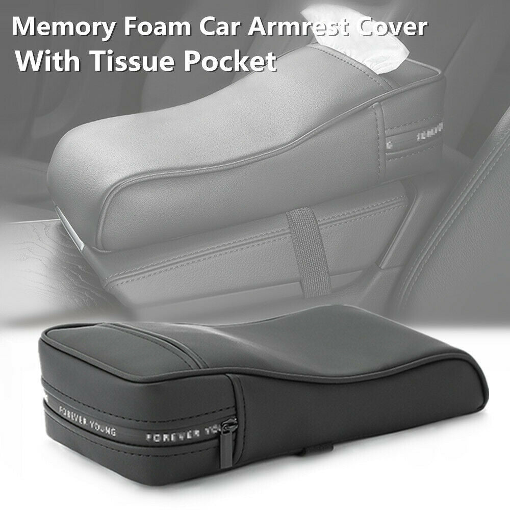 Memory Foam Car Armrest Cover Consoles Tissue Storage Box Pad Cushion PU Black