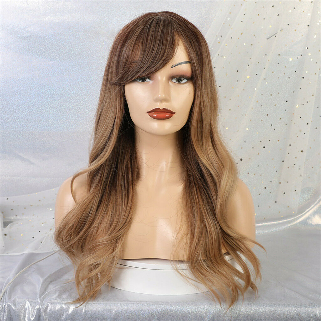 24 inch Women Ombre Brown Synthetic Long Wavy Straight Hair Wigs with Bangs