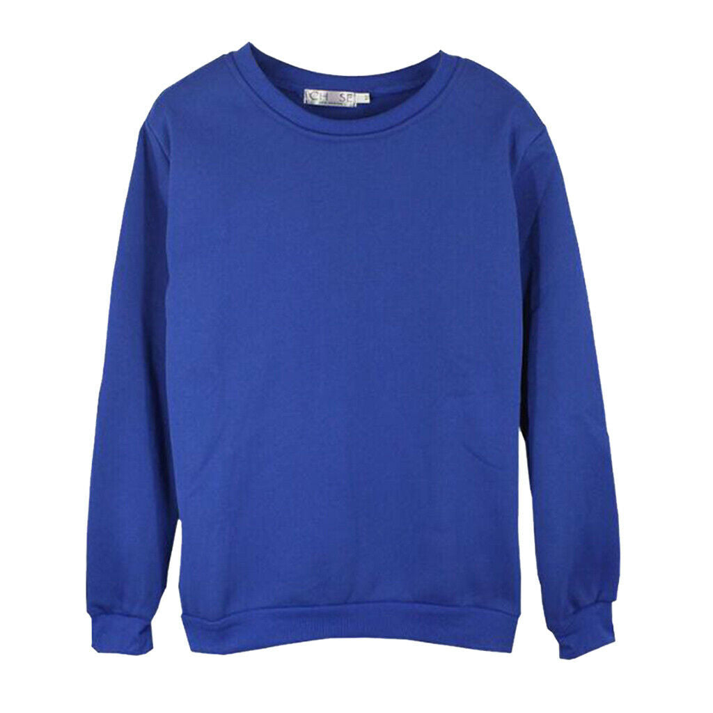 Blue Solid Round Neck Long Sleeve Fleece Sweatshirts Unisex Loose Top 4XL