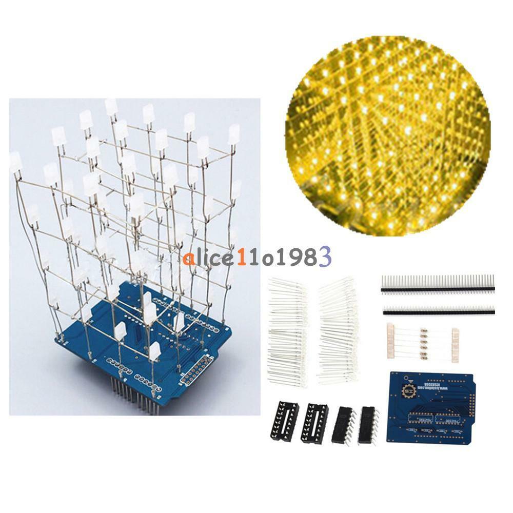 Yellow 4X4X4 Light Cube Kit Arduino uno shield LED Precise DIY Kit New