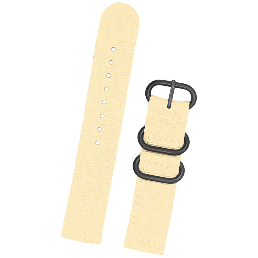 Beige Nylon Watch Band Stainless Steel 3-ring Buckle Wristband Replace 24mm