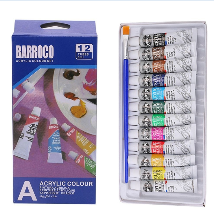 12 Color Acrylic Paint Set 6ml Tubes Artist Draw Painting Pigment With Brush Set