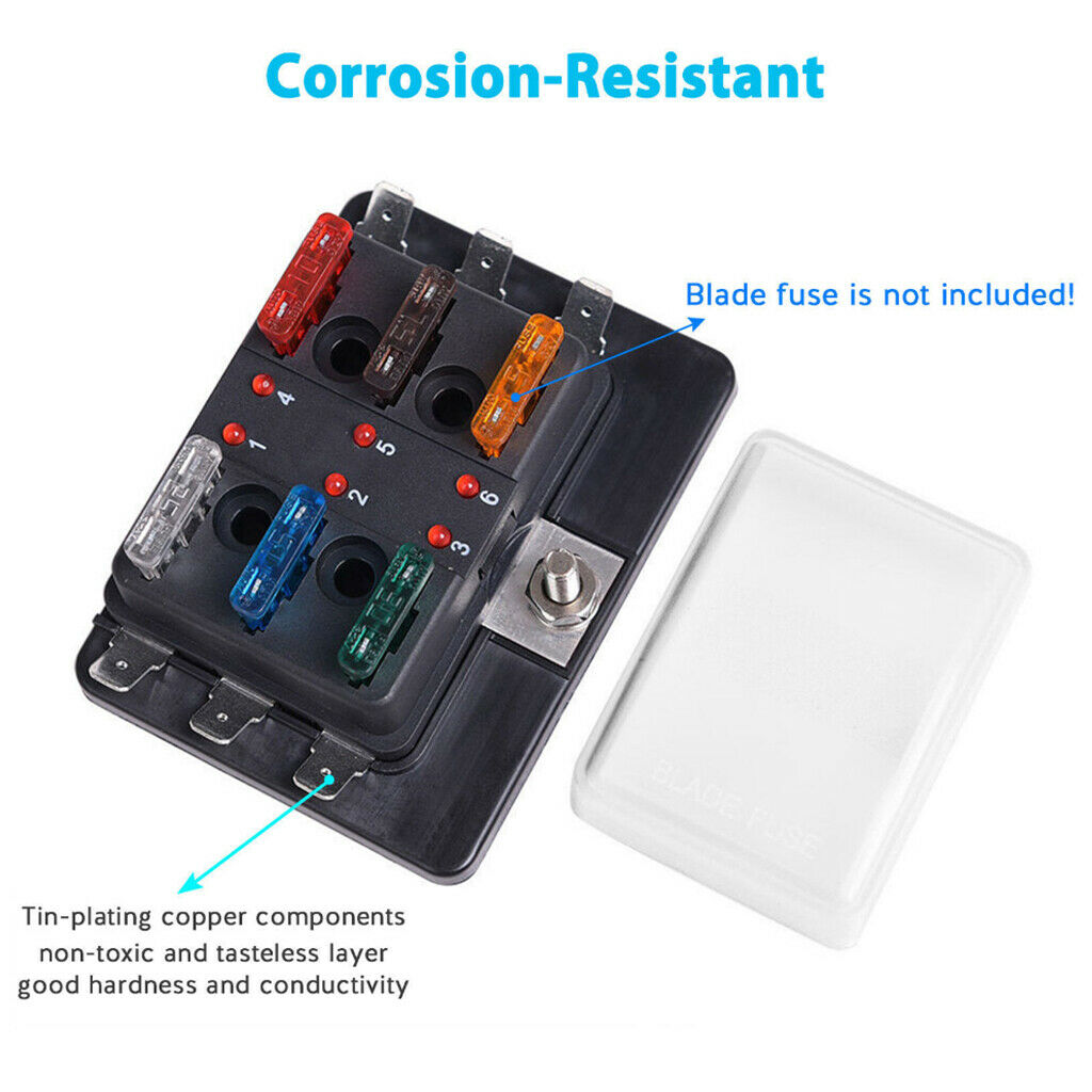 LED Safety Indictor Light Blade Fuse Box Circuit Fuse Block For Boat Car (6 Way)