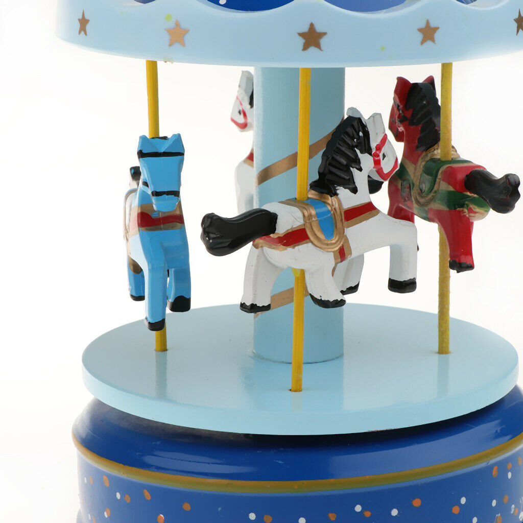 Wooden Merry-GO-Round Carousel Music Box  Wind Up Music Box  Blue with Dot