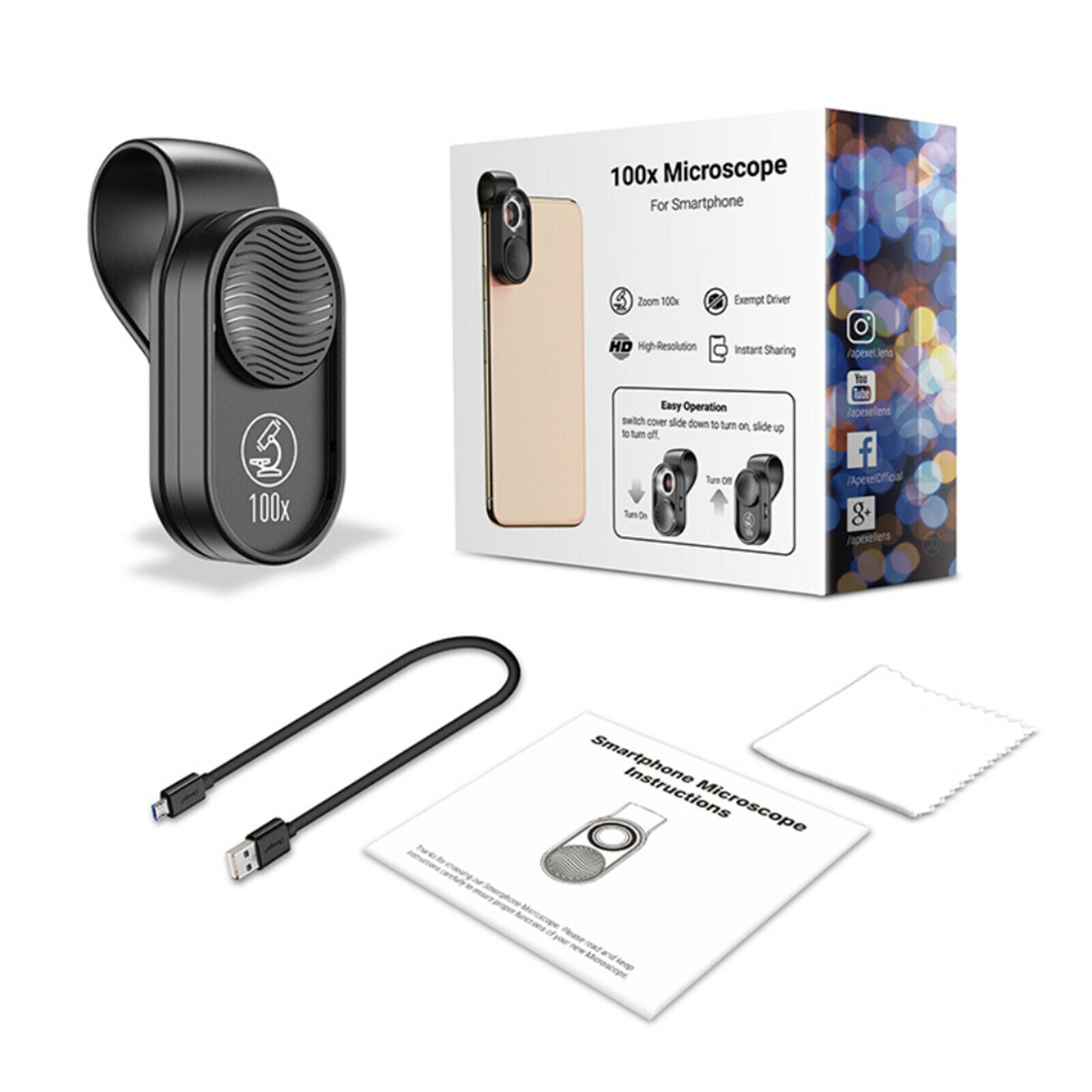 Portable 100x Mini Microscope LED Lens fits Smartphone Easy Carry for Kid
