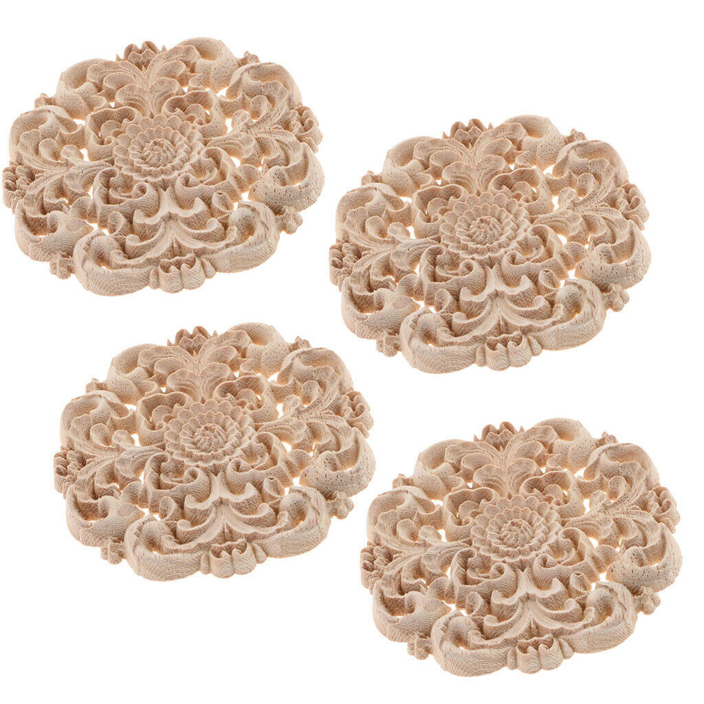 4Pcs Wood Carved Flower Appliques Round Cabinet Onlay with Natural Color