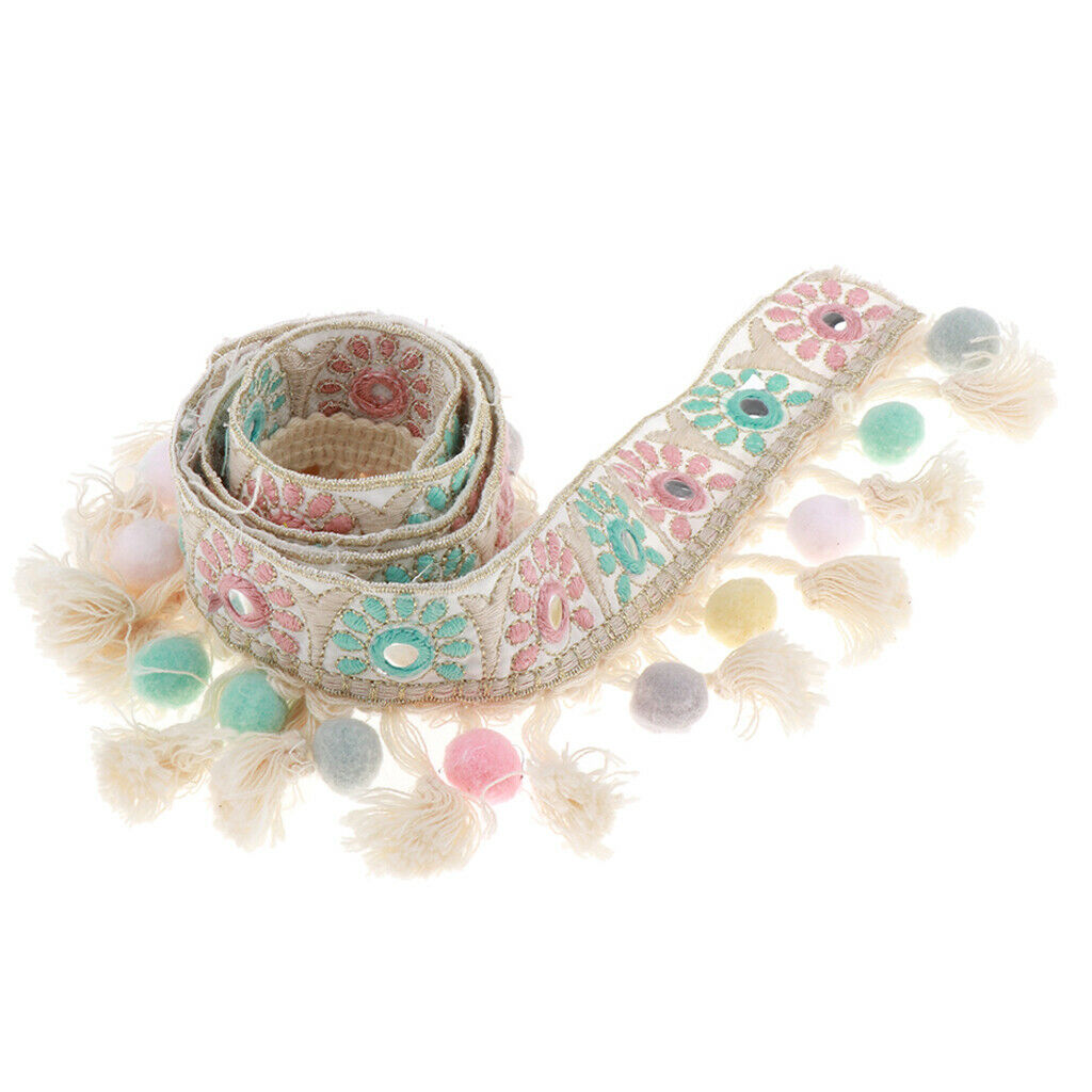 1 Yd Ethnic Style Fringe Tassel Braid Jacquard Ribbon Trim with Pompom Ball