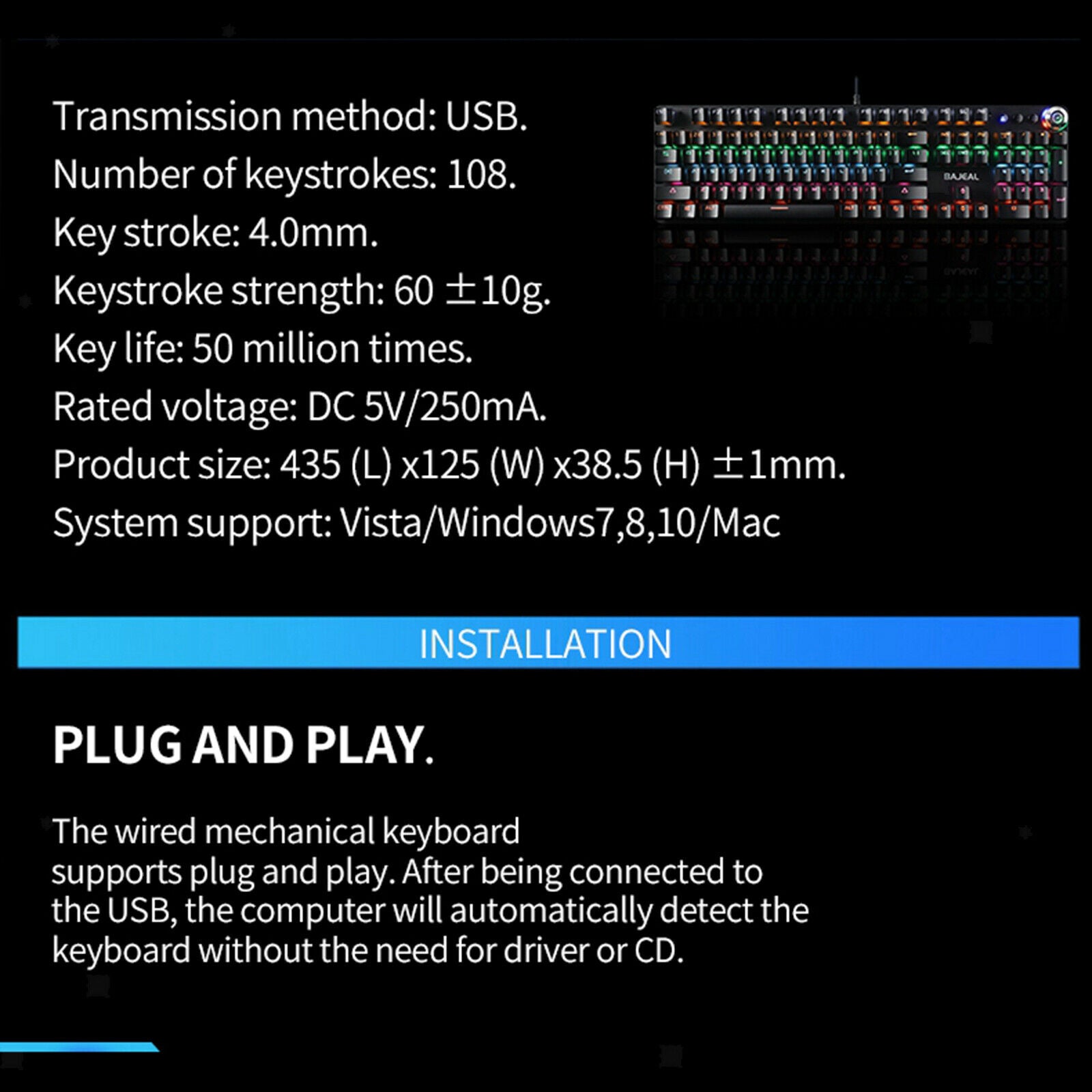 USB Multiple Modes Detachable Wired Gaming Keyboard Water-Resistant Ergonomic