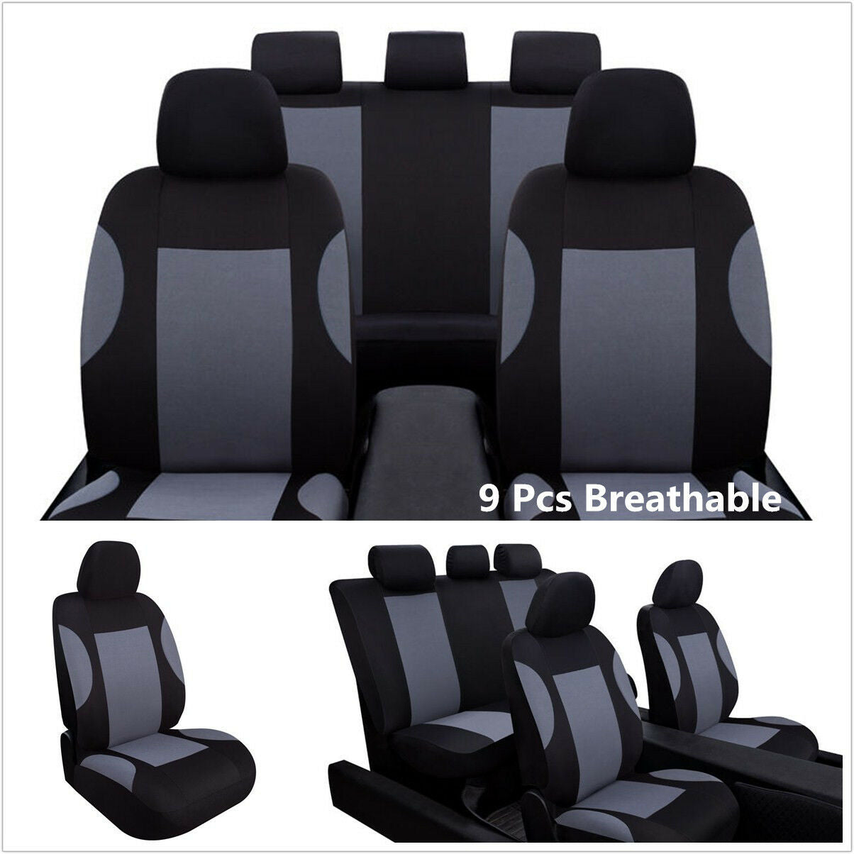 Gray 9 Part Car Seat Covers Set for Auto w/Steering Wheel/Belt Pad/Head Rests