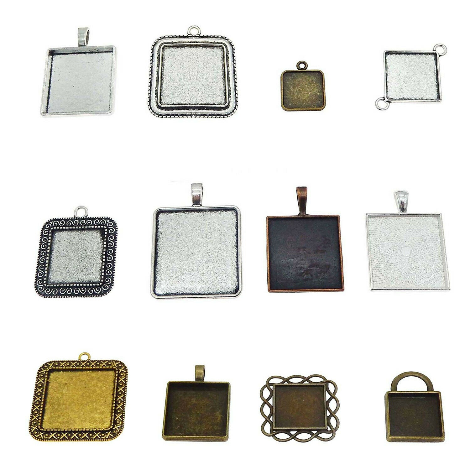 10-pack Assorted Blank Bezel Frames Square Pendant Jewelry Making Findings Alloy