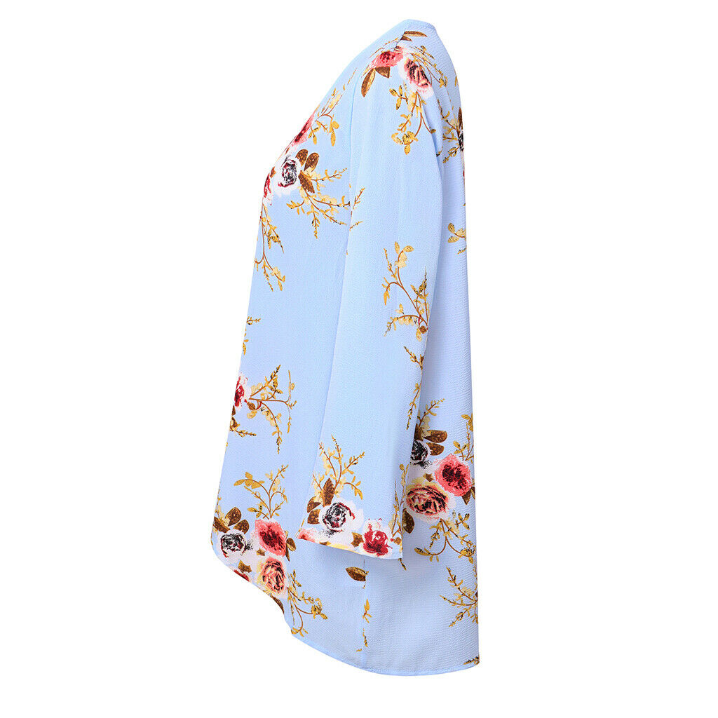 Women's Casual Floral Long Sleeve Chiffon Kimono Shawl Blouse Tops Blue M