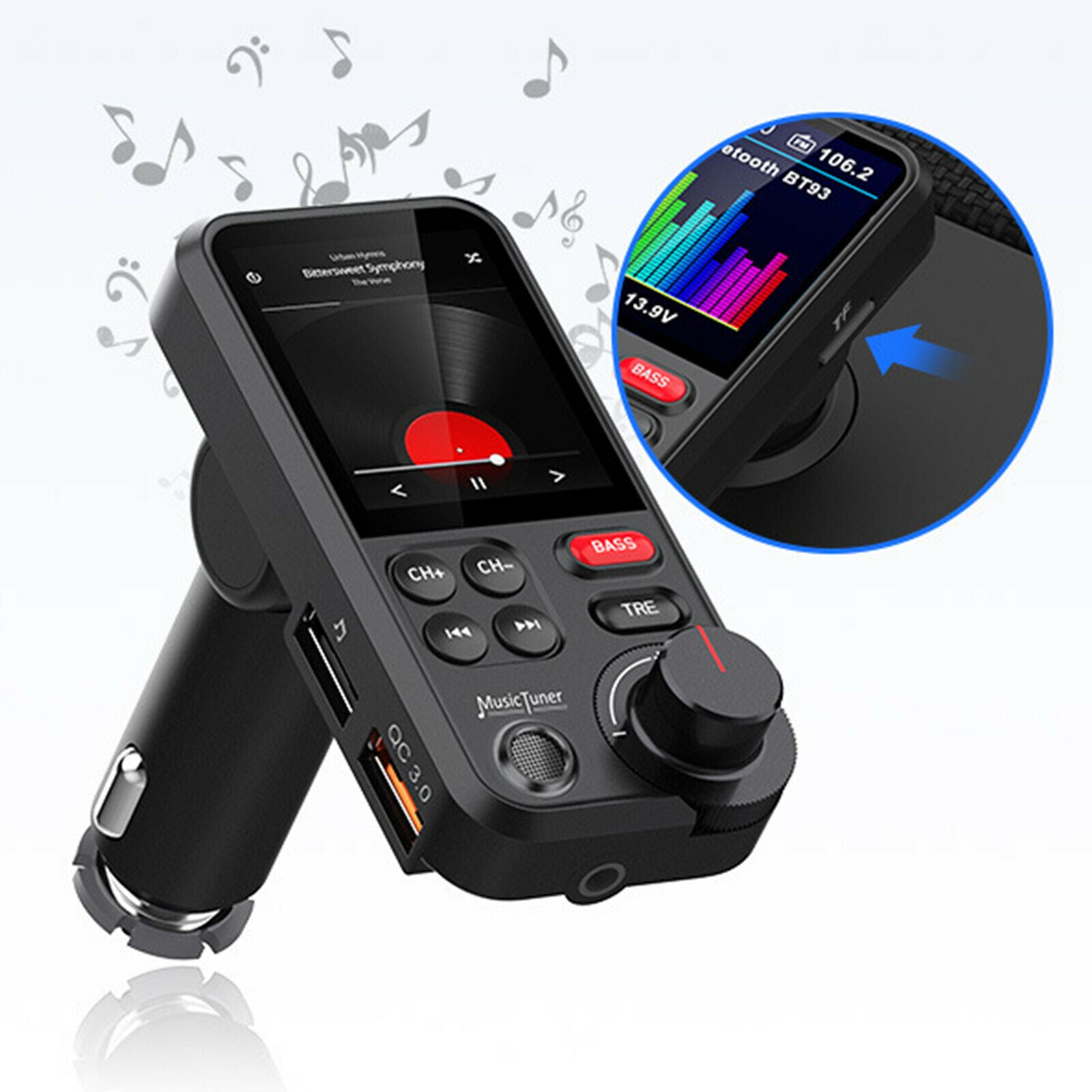Car FM Bluetooth Transmitter High Bass Equalizer MP3 Player USB Charger