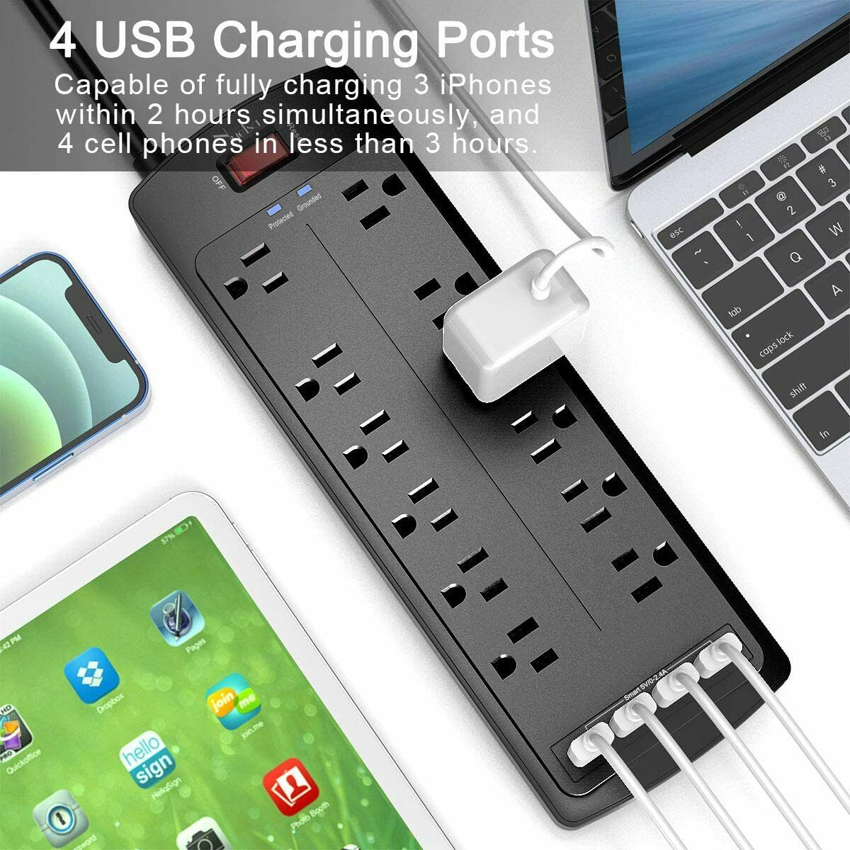 Power Strip , Surge Protector with 12 Outlets and 4 USB Ports, Black