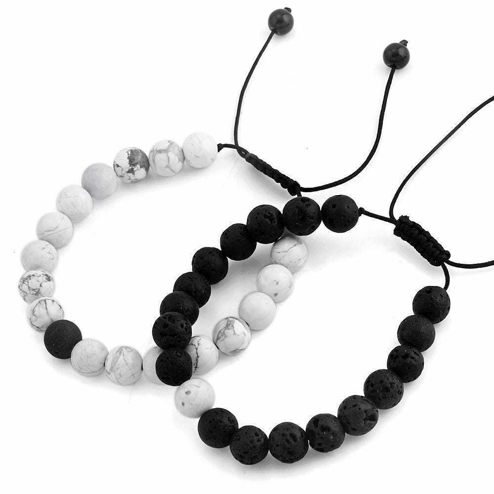 Distance Braided Bracelet Relationship Jewelry Natural Black/White Stone 2PCS