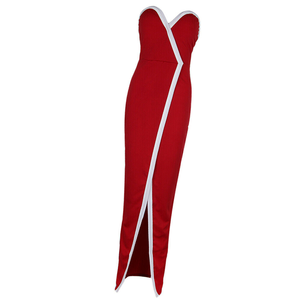 Women Off Shoulder Front Split Stripe Bodycon Clubwear Party Dress S Red