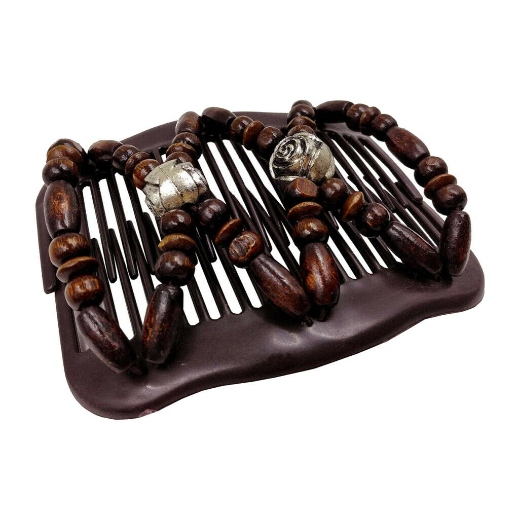 Women's Wooden Stretch Double Hair Comb Beads Clip Hair Accessories Brown