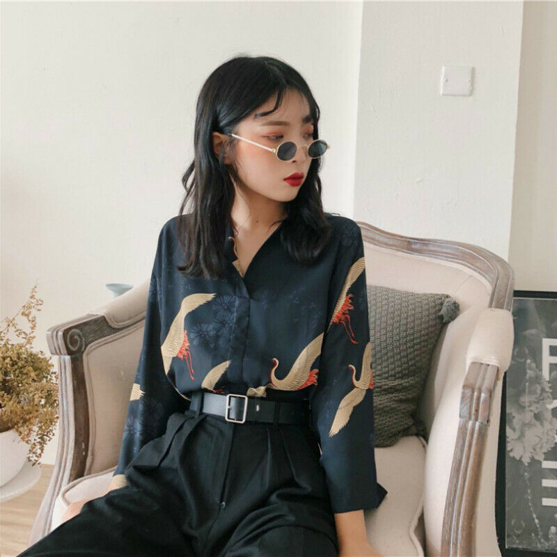 Women Crane Chiffon Shirt Baggy Blouse Japanese Kimono Harajuku Tops Wide Sleeve