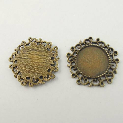 20 pcs Antiqued Bronze Floral Bezel Tray Round 14mm Base Setting Pendant Charm