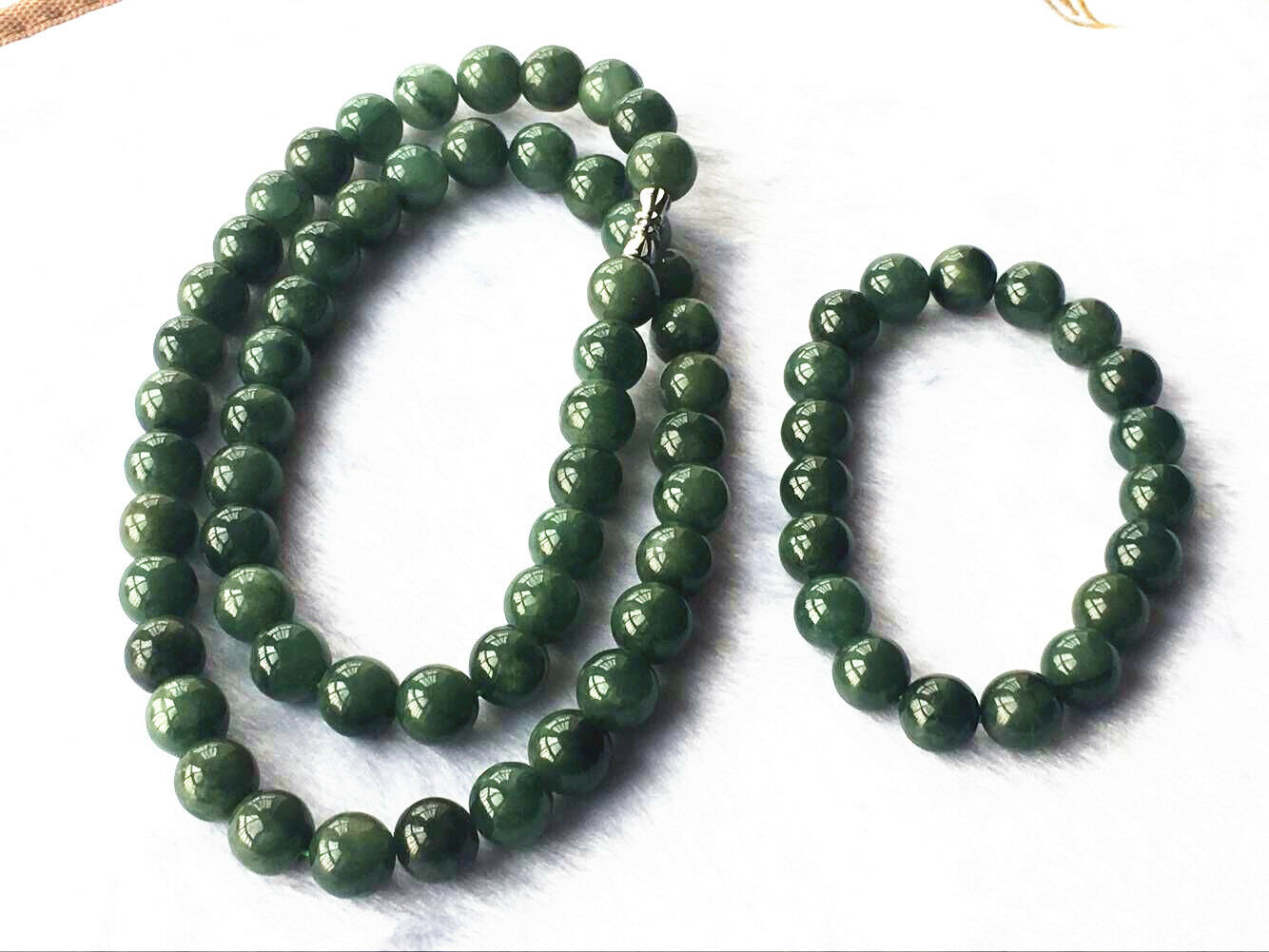 10MM Certified Untreated Green Icy Jadeite Jade Necklace + Bracelet 25"/7.5"