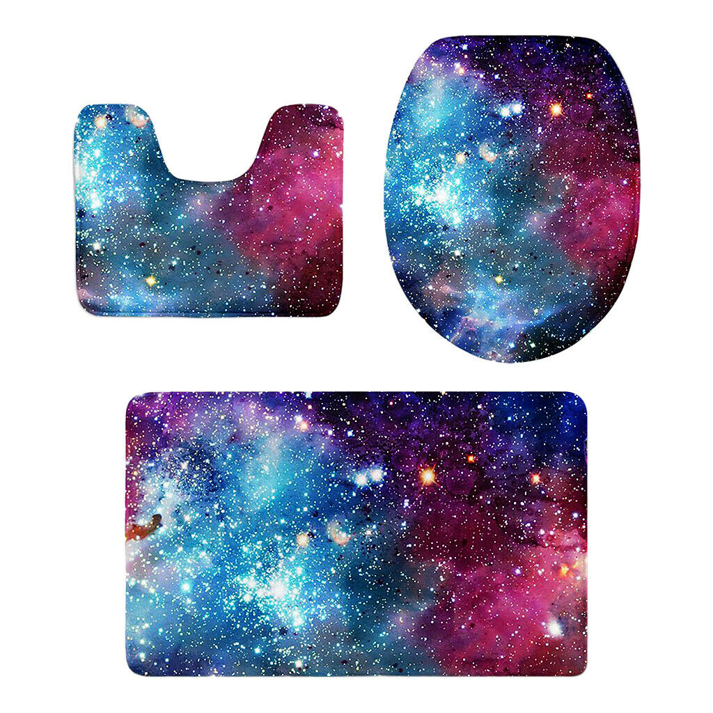 3 Pieces Combo Starry Sky Print Toilet Lid Non Slip Bathmat Bathroom Rug #2