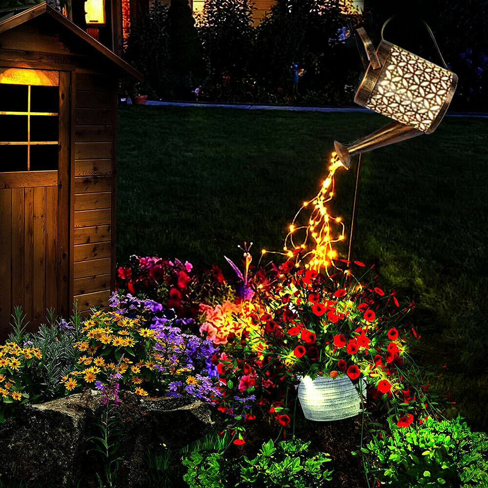 Solar Power LED Watering Can String Light Outdoor Garden Art Waterfall Decor