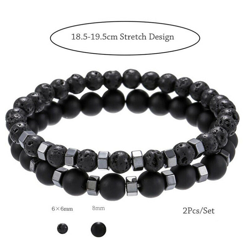 2Pcs/Set Natural Lava Stone Rock Volcanic Beads Elastic Bracelet Men Jewe.l8