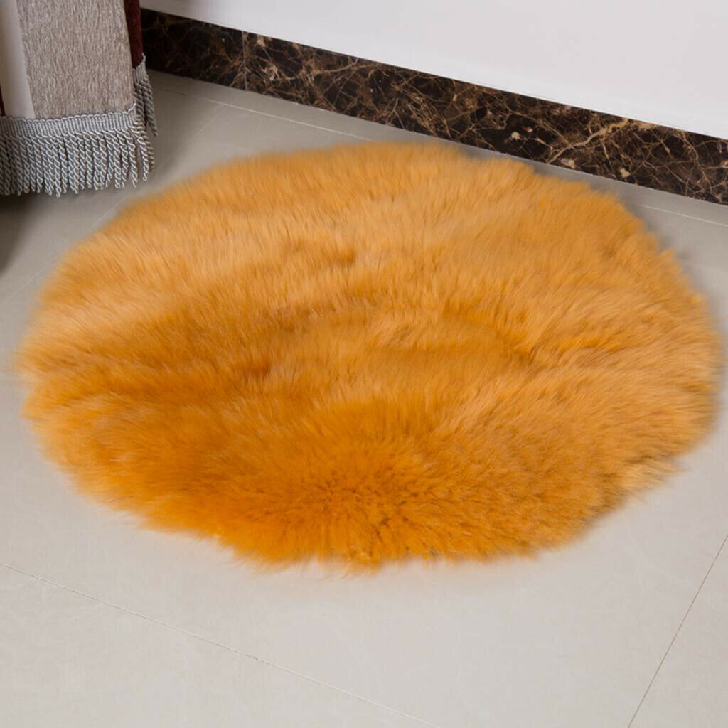Round 30cm Sheepskin Hairy Carpet Faux Mat Fur Plain Fluffy Area Rug Yellow