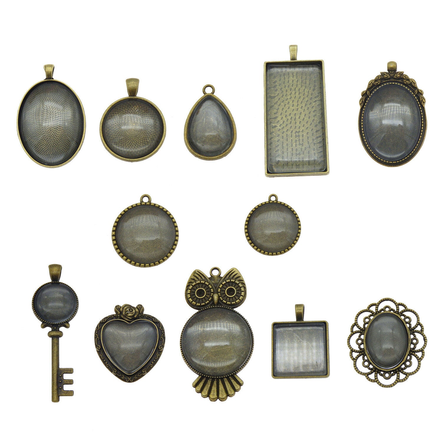 10 sets Antiqued Bronze Alloy Bezels Glass Cabochons Photo Making Pendants Mix