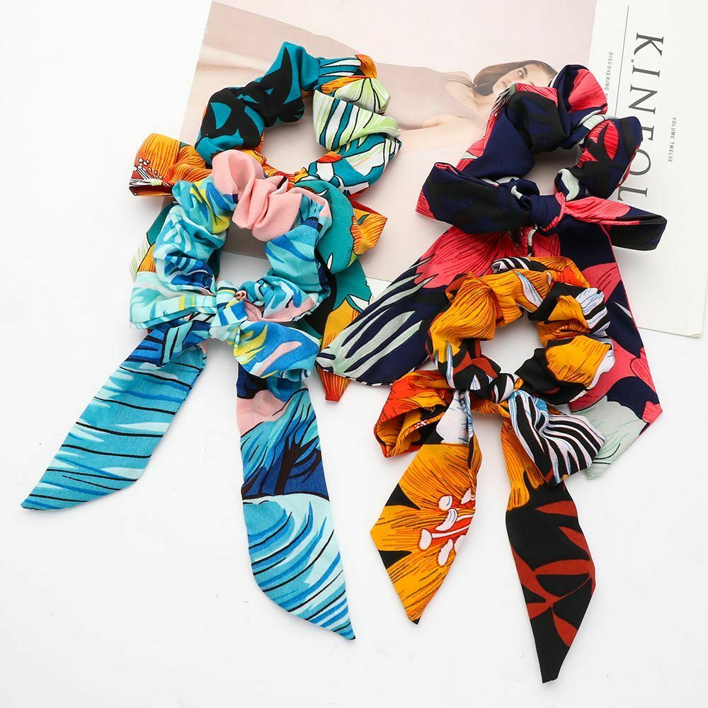 Flower Print Women Bow Scrunchies Hair Ribbon Hair Scarf Bowknot Hairbands