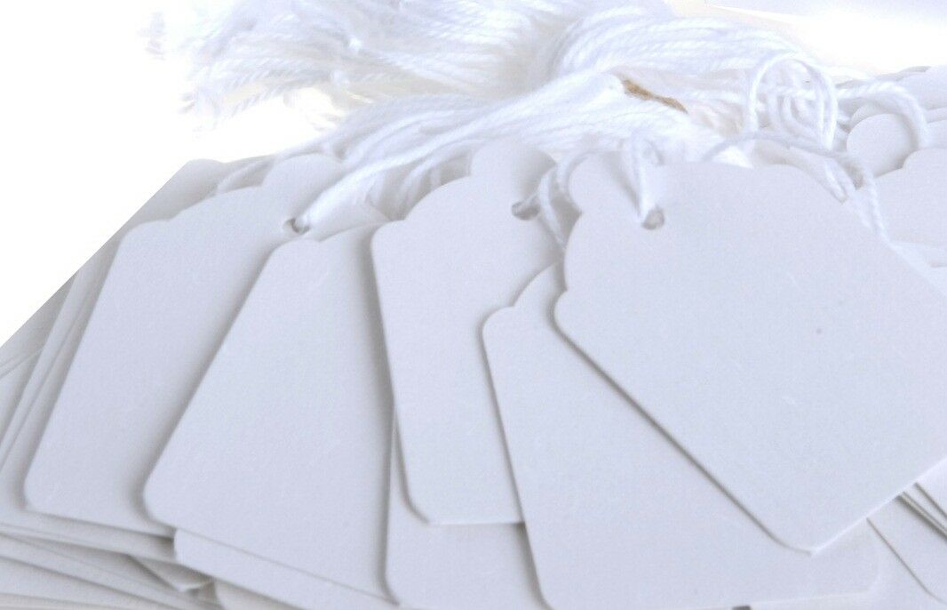 Qty 100 White Strung Tickets 45 x 73 mm Price Tags String Labels 45mm x 74mm C29