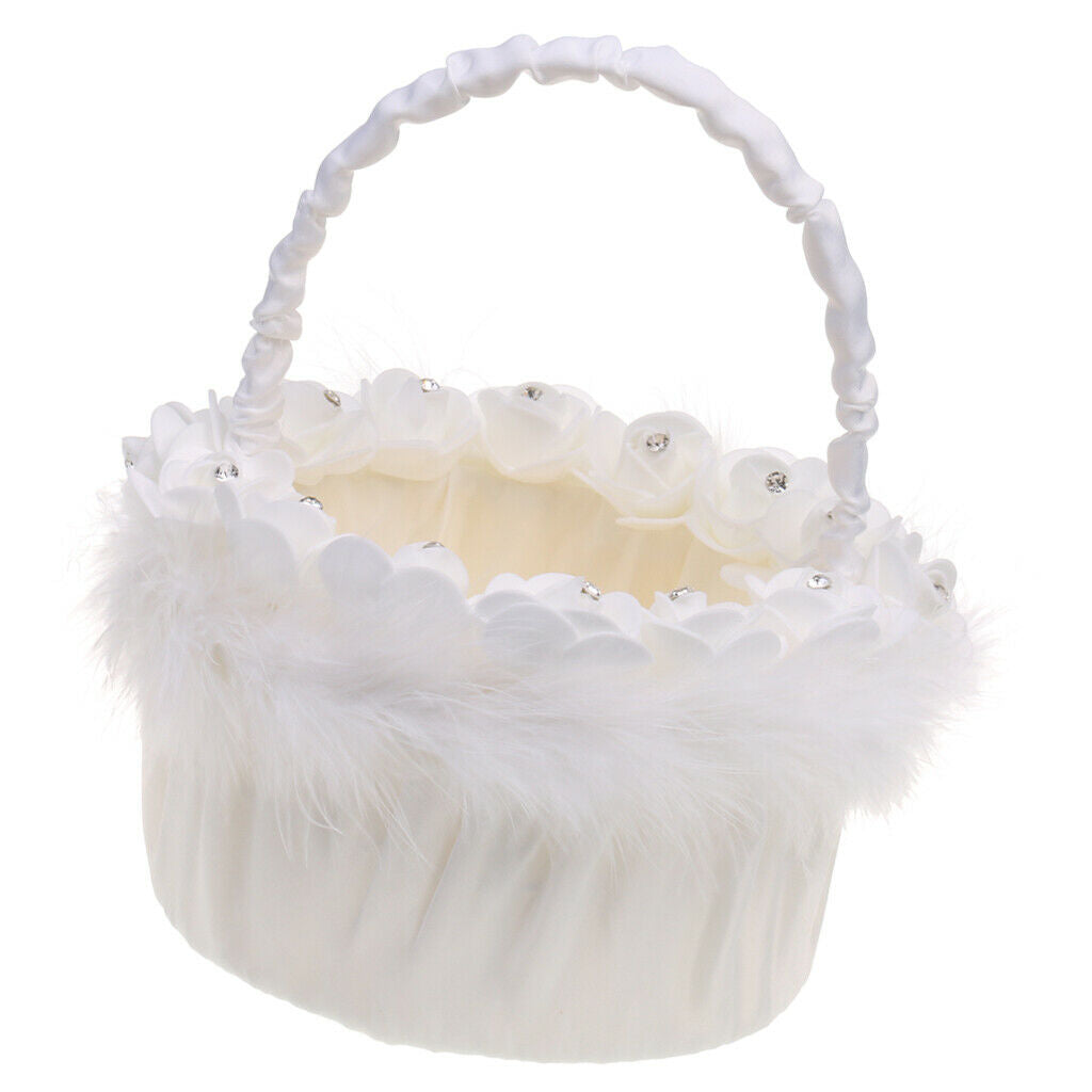 White Satin Feather Crystal Rose Wedding Party Ceremony Flower Girl Basket
