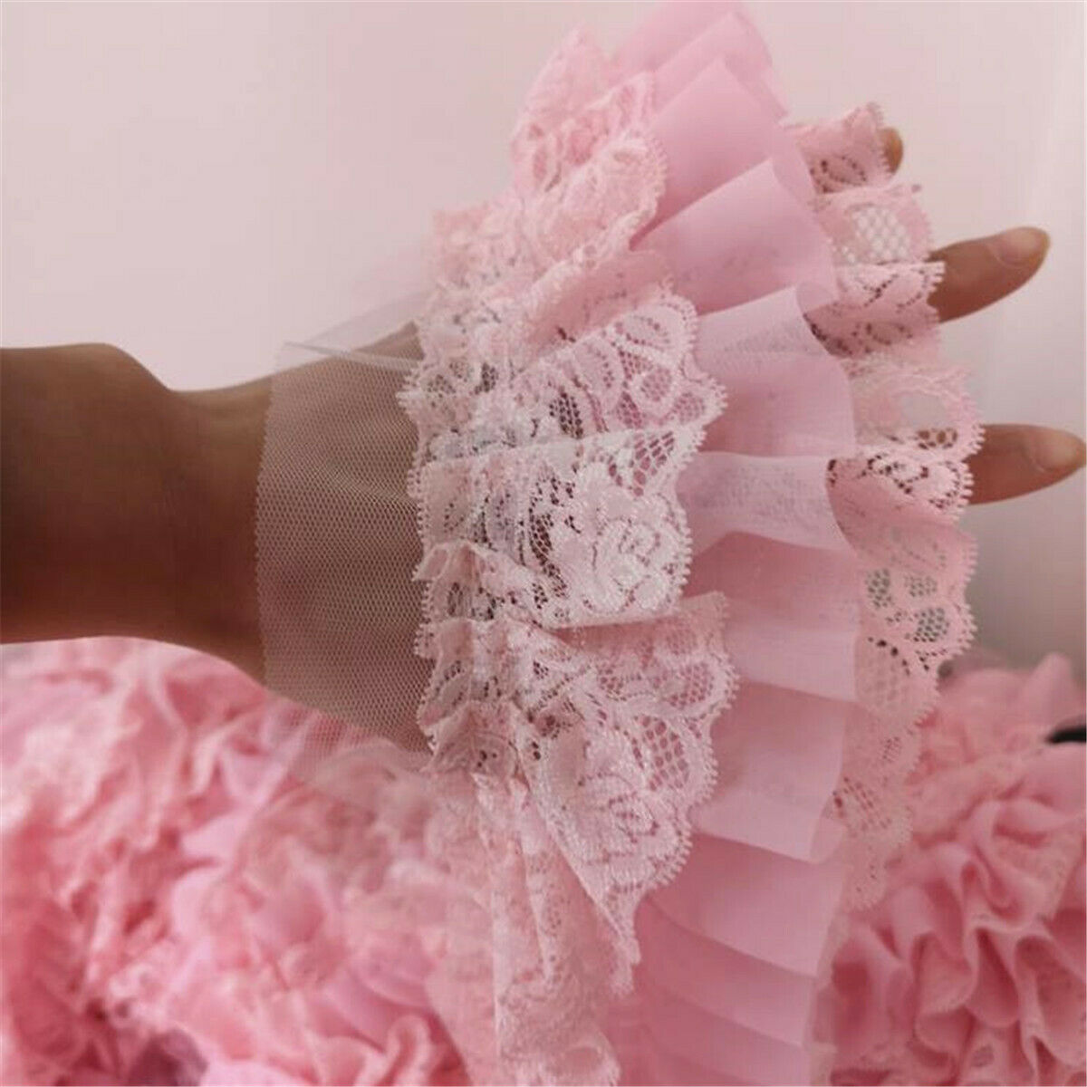 100CM Pink Chiffon Ruffle Lace Trim 3Layer Pleated Ribbon DIY Dress Sewing Decor