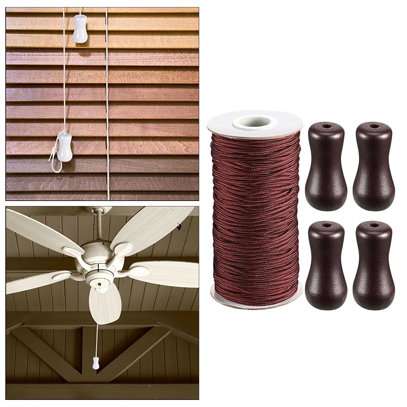 1Set Brown Braided Lift Shade Cord 55 Yards/Roll 4 Pieces Wooden Pendant