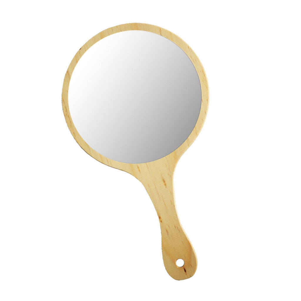 2 x Wooden Handle Portable Round Cosmetic Mirror Handmade Hand Held Mirrors