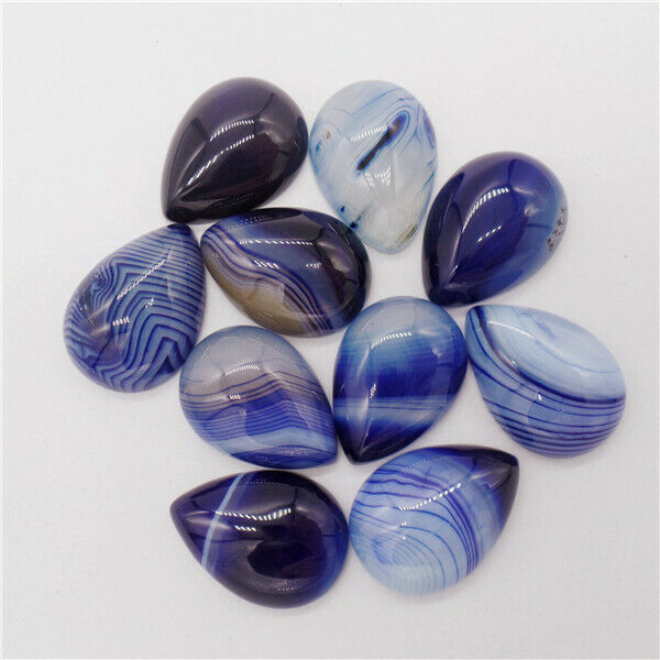 15Pcs 25x18x6mm Deep Blue Stripes Onyx Agate Teardrop Cab Cabochon HH9655