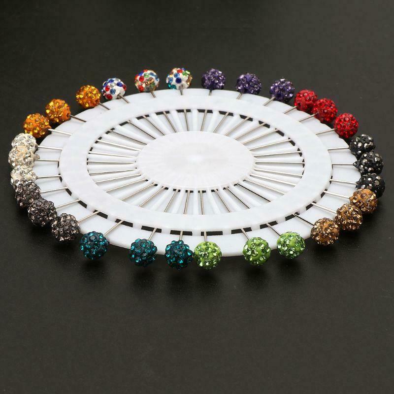 30Pcs Muslim Scarf Safety Pins Crystals Ball Brooches Straight Head Pins