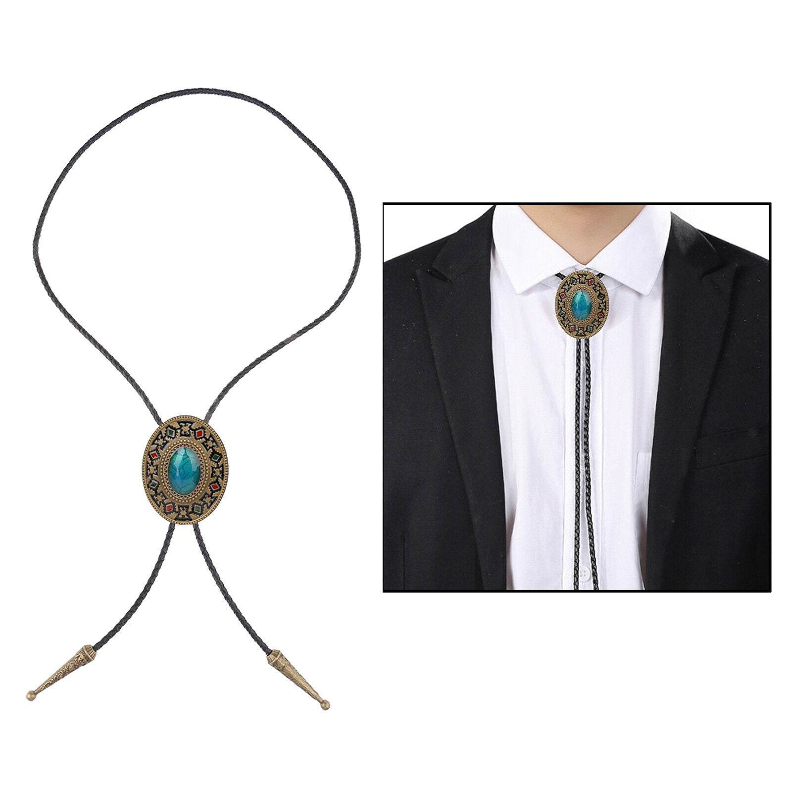 Cowboy Western Bolo Bootlace Tie on Black Drawstring for Fancy Dress