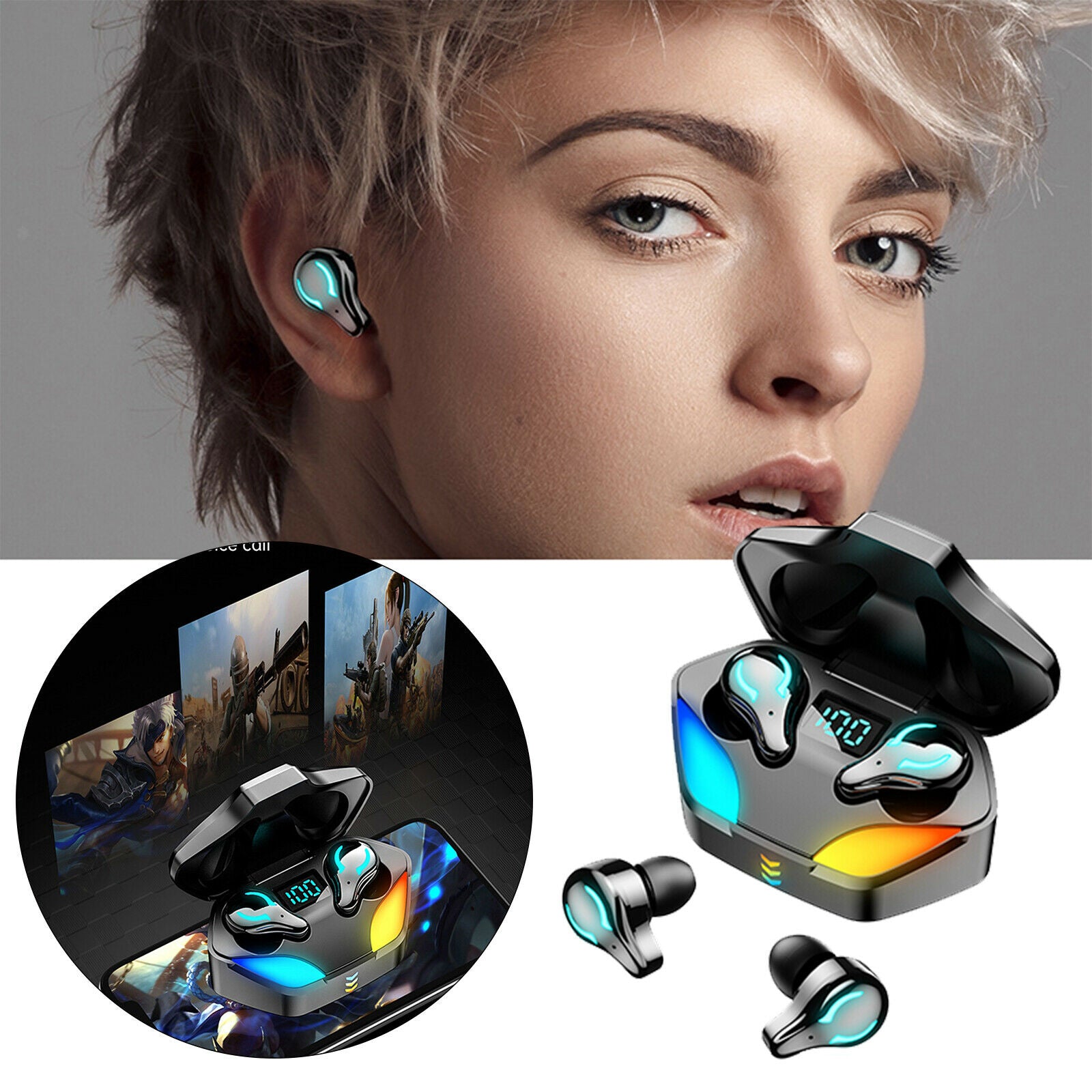 Bluetooth 5.1 Wireless Earbuds Premium Sound Cool Light for Sport Black