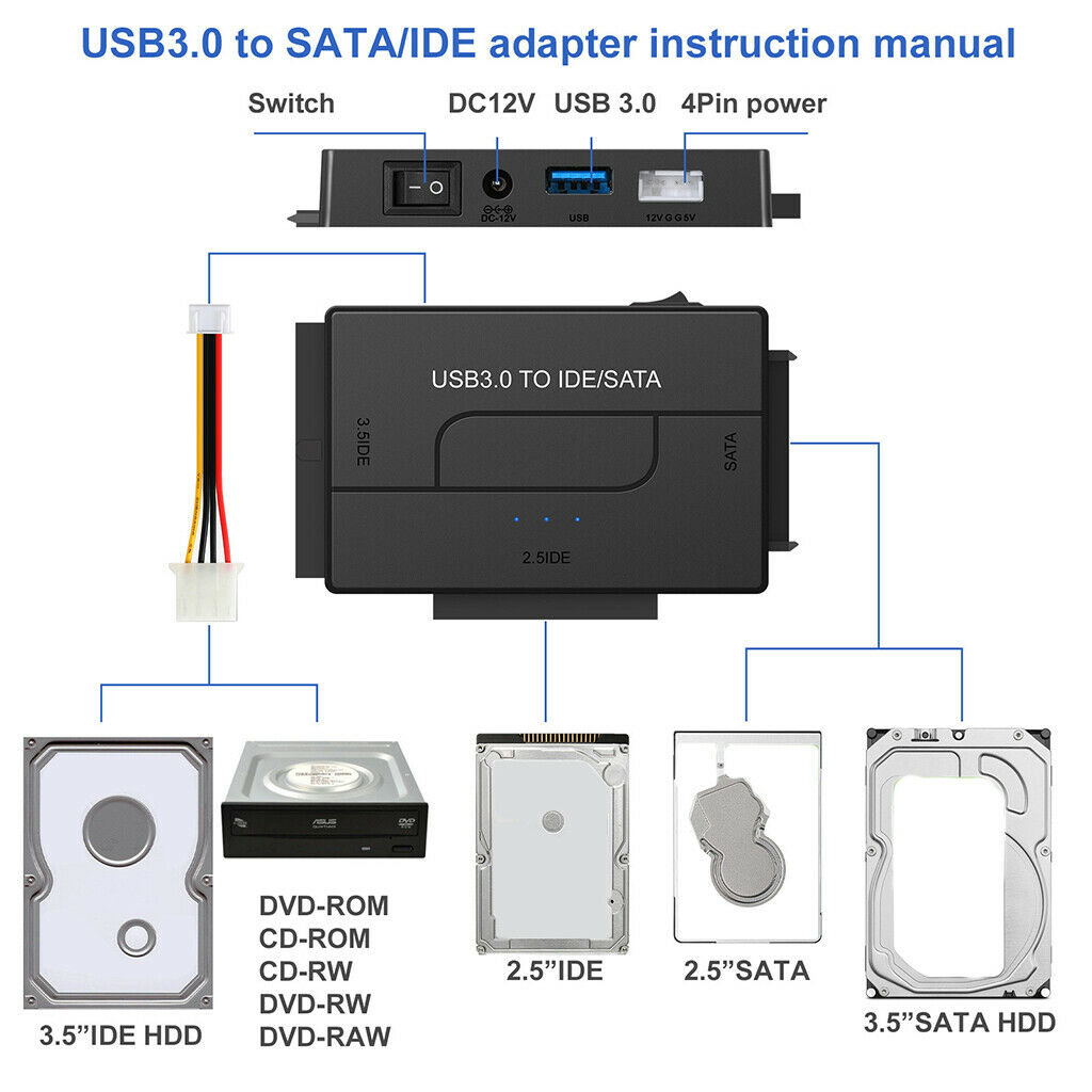 3-In-1 SATA/IDE to USB 3.0 Adapter for 2.5"/3.5" Inch IDE and SATA HDD SSD